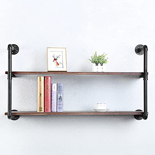Industrial Pipe Shelves With Wood Planks,Rustic Pipe Shelving Wall Shelf | Metal Pipe Solid Pine Wood,Easy to Assemble,Wooden Board Thickness 0.78 In,For Bar Farmhouse Kitchen Office Bathroom,Bedroom - color: 2-layer, size: 42in