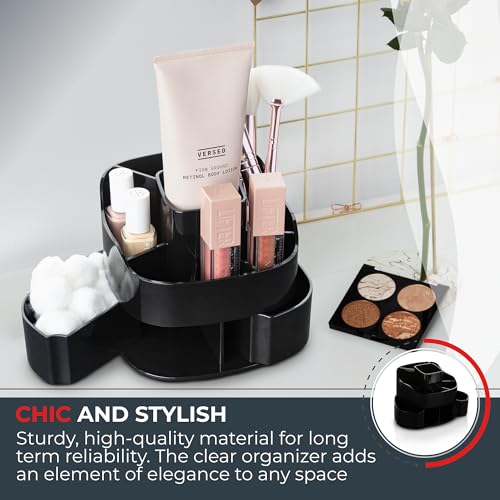 Masirs Small 360 Rotating Makeup Organizer, 5 Compartments, Square Black | Small 360 Rotating Makeup Organizer, 5 Compartments, Acrylic Mini Lazy Susan, Vanity Bathroom Counter, Square Black - color: Square Black