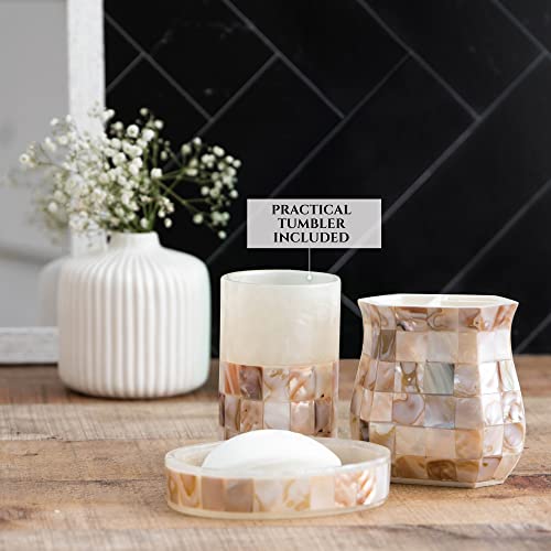 Milano Mother of Pearl 4 Piece Resin Bathroom Accessories Set | Includes Soap Dispenser, Toothbrush Holder, Tumbler Cup & Soap Dish - style: 4 Pc. Bathroom Accessory Set