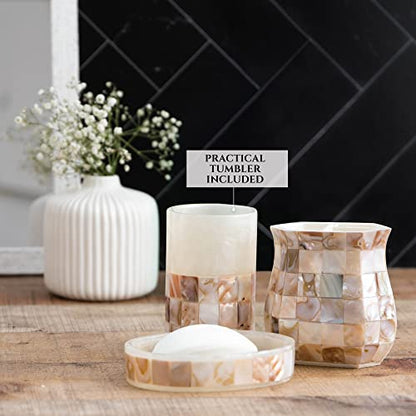 Milano Mother of Pearl 4 Piece Resin Bathroom Accessories Set | Includes Soap Dispenser, Toothbrush Holder, Tumbler Cup & Soap Dish - style: 4 Pc. Bathroom Accessory Set
