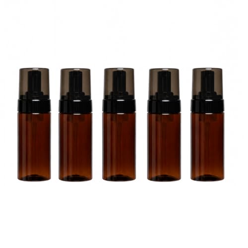 5 Packs 120ml (4oz) Amber Plastic Foam Pump Bottles with Black Foaming Dispenser Refillable Travel Mousse Bottles with Clear Black Caps for Facial Cleanser, Soap, Shampoo, Skincare