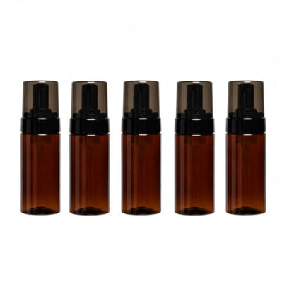5 Packs 120ml (4oz) Amber Plastic Foam Pump Bottles with Black Foaming Dispenser Refillable Travel Mousse Bottles with Clear Black Caps for Facial Cleanser, Soap, Shampoo, Skincare