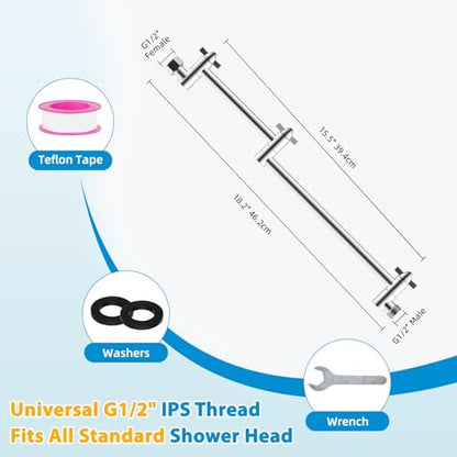 All-Metal 16" Shower Head Extension Arm, G1/2" Universal/Adjustable, Chrome | Flexible Brass Shower Head Extender Adjustable Height/Angle, Stainless Steel Rain Shower Pipe Height Extended with Lock Joint - color: Chrome, size: 16 Inch