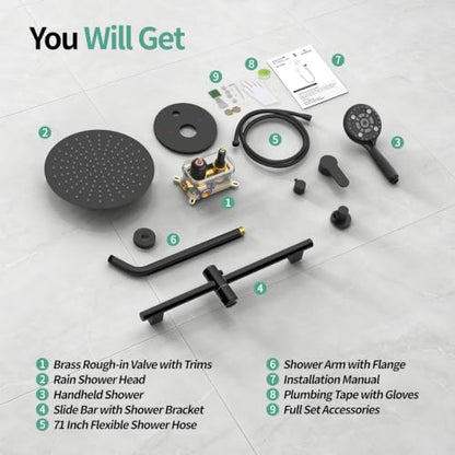 SR SUN RISE 12" Shower Faucet Set with Shower Slide Bar,Matte Black | High Pressure Shower Head,6-Spray Setting,16"Adjustable Shower Slide Bar,Soild Brass,Wall Mount,Included Valve and Trim Kit - color: Matte Black
