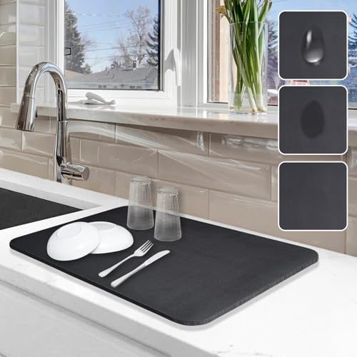 Dish Drying Mat for Kitchen Counter, 12"x19" Pad with Rubber Backed (Black) | Hide Stain Anti Absorbent for Kitchen Counter, Non-slip Drying Mat for Coffee Machine Dish Rack - size: 12" x 19"