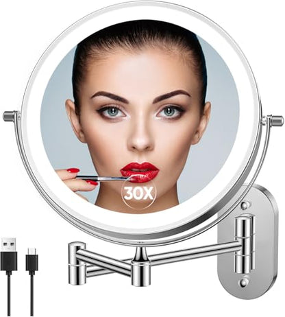 FUNTOUCH 5000mAh Rechargeable Wall Mounted Lighted Makeup Mirror 1X30X | Double Sided 1X 30X Magnifying, 3 Color Lighting, Touch Screen Dimming, Extended Arm 360 Rotation Shaving Bathroom Mirror - color: Silver