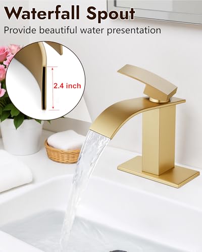 Midanya Waterfall Bathroom Faucet 1 Hole,Brushed Gold | with 24” Hoses,Pop Up Drain,6” Deck Plate,for 1 or 3 Hole Vanity,Lavatory,RV,Single Handle Bathroom Sink Faucet,NSF Certified - color: Light Gold