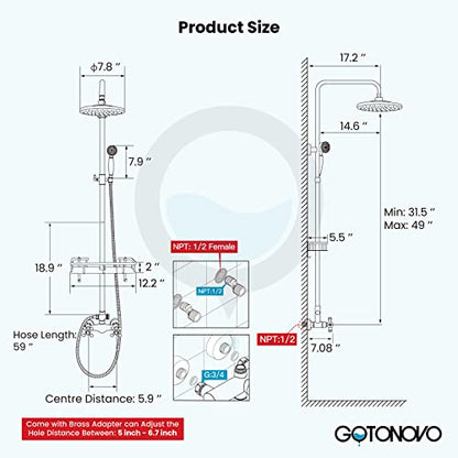 gotonovo Exposed Shower System with Shelf 2 Cross Handle Polished Chrome | Bathroom Brass Shower Faucet Set,8’’ Rainfall Head with Handheld Sprayer,SUS304 Shelf,6’’ Hole Distance,Adjustable Height - color: Chrome