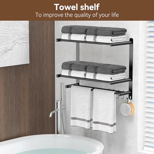 Adjustable 16.9–28" Matte Black Towel Rack for Bathroom SUS304 Stainless Steel 2-Tier Shelf with Extended Bar & 4 Sliding Hooks, Adhesive or Screw Mount, Bathroom/Over-Toilet Organizer - color: Adjustable 16.9–28" Matte Black Towel Rack