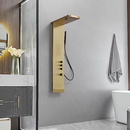 BWE 3 IN 1 Shower Panel Stainless Steel Shower Panel Tower System | Rainfall Shower Head with Handheld Shower and Rain Massage Body Jets Wall Mount Shower System,Brushed Gold - color: Brushed Gold