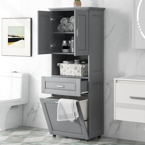 JIVOIT 70" H Tall Bathroom Cabinet with Laundry Basket, Double Cabinets with Doors and Open Storage Space, Tilt-Out Laundry Hamper and Upper Storage Cabinet (Grey * 102) - color: Grey * 102