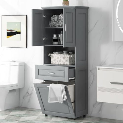 JIVOIT 70" H Tall Bathroom Cabinet with Laundry Basket, Double Cabinets with Doors and Open Storage Space, Tilt-Out Laundry Hamper and Upper Storage Cabinet (Grey * 102) - color: Grey * 102