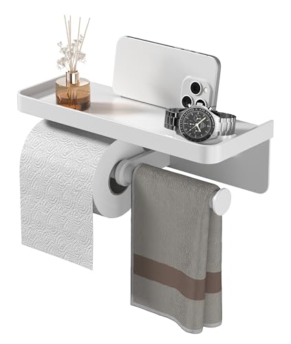Double Toilet Paper Holder with Shelf, iMonse Paper Towel Holder Wall Mount,Tissue Roll Holder for Bathroom Kitchen RV, Double Tissue Roll Rack with Adhesive & Screw (White) - color: White-twoside