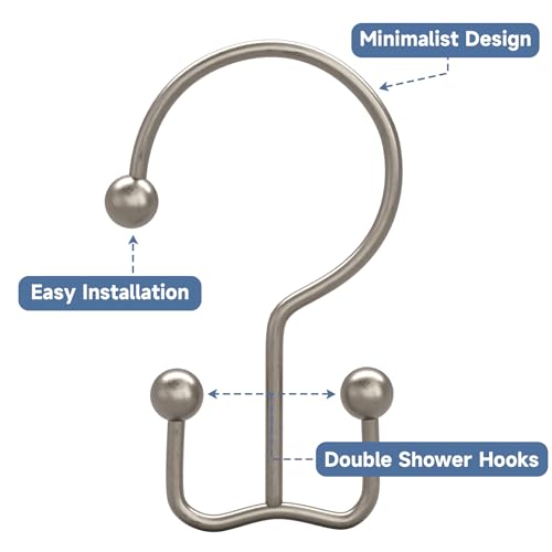 Titanker Shower Curtain Hooks Rings, Rust Resistant Metal Minimalist Simple Double Glide Shower Hooks Rings for Bathroom Shower Rods Curtains, Set of 12 Hooks - Matte Nickel - color: Matte Nickel, style: Minimalist