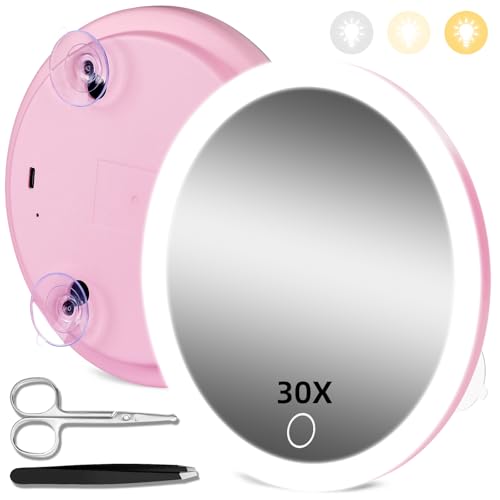 30X Concave Magnifying Mirror with Lights, 3-Color Light Adjustable Brightness, 6inch Travel Magnified Mirror with Suction Cups, Large 30x High Makeup Magnification and Tweezers - color: Pink-30x