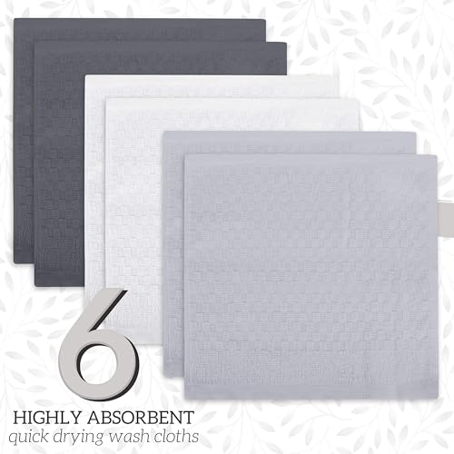 GREEN LIFESTYLE 12x12 inches Checker Washcloths 6 Pack, Soft, Durable, Highly Absorbent and Luxurious (Grey) - color: Grey