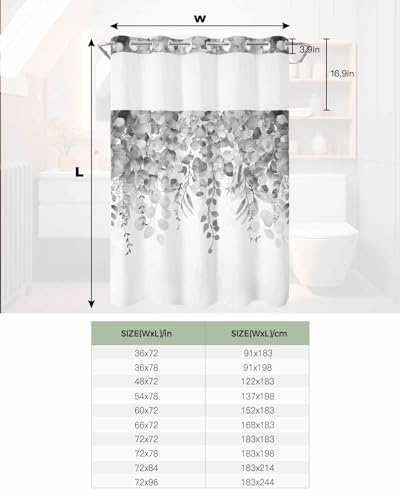 No Hook Shower Curtain and Snap in Liner Set, Gray Eucalyptus Fabric Bathroom Stall Shower Curtains 48x72, See Through Mesh Top Window, Spring Summer Botanical Floral Leaves Country Hotel Style - color: Grey, size: 48"W x 72"L (Pack of 1)