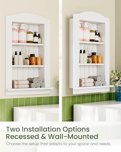 Recessed Wall Niche, 3-Tier Recessed Medicine Cabinet, Bathroom Cabinet Wall Mount, Bamboo Medicine Organizer, Wall Storage Cabinet, for Bathroom, Living Room, Kitchen, White - size: 17.6"L x 2.1"W x 26.7"H
