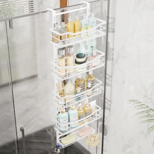SWTYMIKI Over the Door Shower Caddy - 5 Tier Adjustable Shower Organizer Hanging with Soap Holder, No Drilling Stainless Steel Bathroom Rack Hanging for Body Wash, Shampoo, Soap, Razor, White - color: White-5 Tier