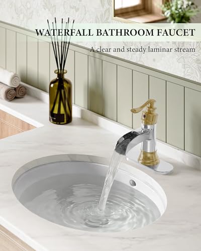 Bathroom Faucet Waterfall Sink Faucets Bathroom Widespread Single Handle | Chrome and Gold for 1 or 3 Holes Rustic Vanity Farmhouse with Pop-up Drain Deck Plate Hose by Homevacious - color: Chrome & Gold
