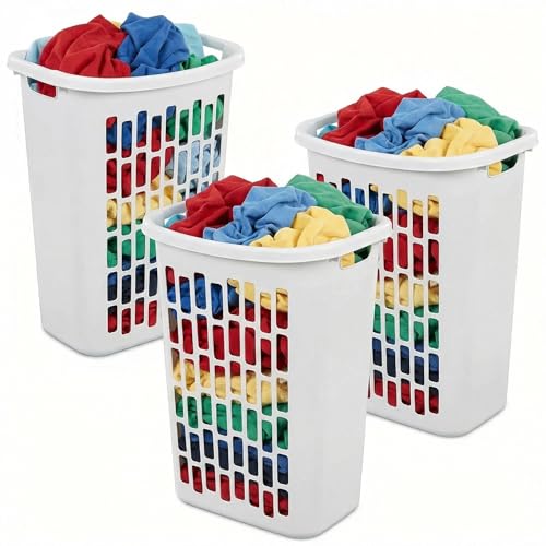 3-Pack 1.8 Bushels Tall Slim Laundry Hamper with Reinforced Handles, White | 63.4L large capacity with open-top design, made of heavy-duty plastic for durable and reliable daily laundry storage.