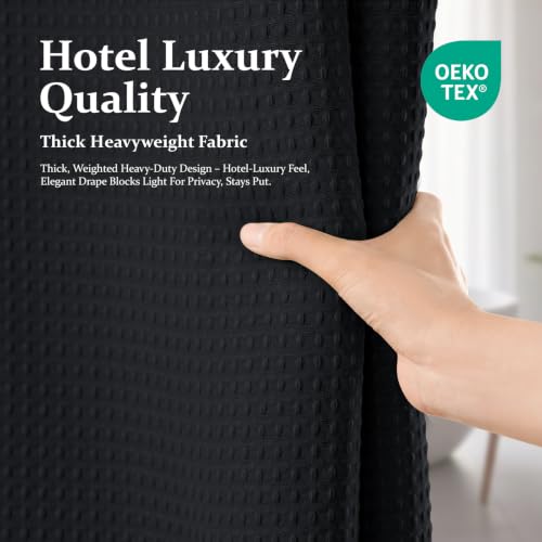 Extra Wide Waffle Shower Curtain 256 GSM Fabric 84x72 Black | 84 Inch Wide, Thick Cloth, Weighted Hem, Water Repellent, Hotel Luxury Polyester Shower Curtain Set for Bathroom 14 Hooks - color: Black, size: 84"W x 72"L (Pack of 1)