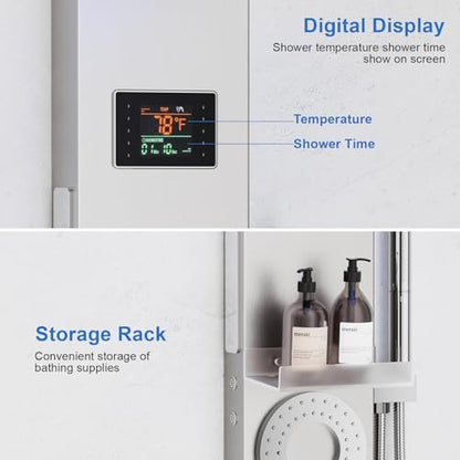 RUMOSE Brushed Nickel Shower Panel Tower System, 5-Mode Shower Faucet Set | LED Light Rainfall Shower Head Digital Display with Massage Jets Tub Spout Shower Shelves, Stainless Steel, Wall Mount - color: Brushed Nickel