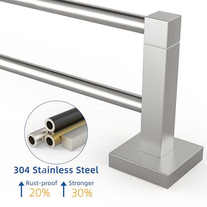 RUACQ Double Towel Bar 24" Towel Racks for Bathroom Wall Brushed Nickel | One-Piece Bath Towel Holder, Total Length 26 Inch Single Towel Rod Wall Mounted, 304 Stainless Steel Rustproof, Square Base - color: Brushed Nickel, size: 24 inch(Center to Center)