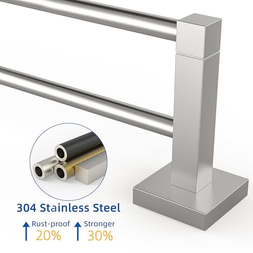 RUACQ Double Towel Bar 24" Towel Racks for Bathroom Wall Brushed Nickel | One-Piece Bath Towel Holder, Total Length 26 Inch Single Towel Rod Wall Mounted, 304 Stainless Steel Rustproof, Square Base - color: Brushed Nickel, size: 24 inch(Center to Center)
