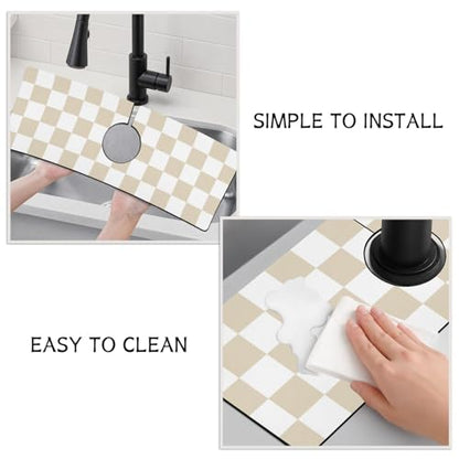 Light Brown White Checkered Kitchen Sink Splash Guard Faucet Mat,Faucet Non-Slip Absorbent Mat,Farmhouse Sink Splash Guard Behind Faucet for Kitchen Bathroom, 15"x5.5" - color: Drying Faucet Mat 1