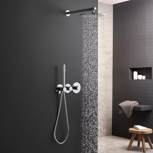 KIBI Circular Thermostatic Shower System with Valve, 2-Function Wall Mounted Shower Faucet Set – Solid Brass Bathroom Shower Trim Kit with Temperature Control, Chrome Finish (KSF410) - color: Chrome