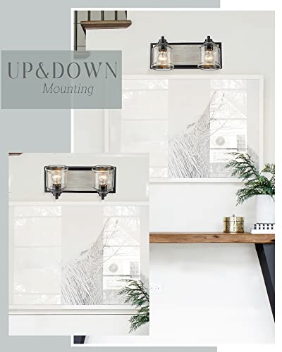 16" 2-Light Farmhouse Bathroom Vanity Light with Bubble Glass, Gray | Farmhouse Rustic style, Metal base with hand-painted wood grain, E26 Ceramic Base(no bulb), UL&ETL, mount up/down,over mirror - color: Gray, size: 2-Light
