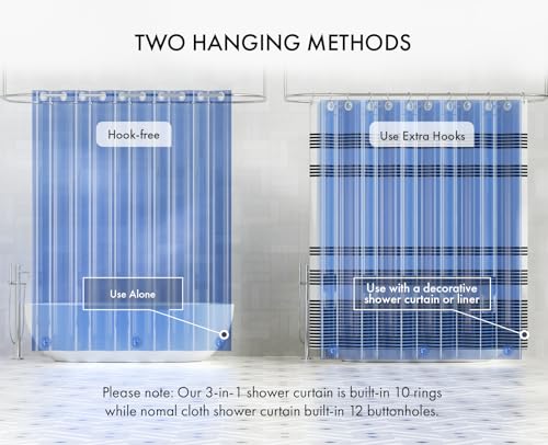 AmazerBath No Hook Shower Curtain and Liner 3-in-1, Luxury Heavy Duty Clear Blue No Hook Shower Liner, 72x75 100% EVA Hookless Shower Curtain with 3 Heavyweight Stones - color: Rainbow Oceanic