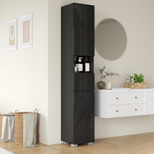 MHOM High Glossy Slim Bathroom Cabinet. 66.9" Tall Storage Cabinet with Drawer and Adjustable Shelves, Narrow Linen Cabinet for Bathroom, Laundry, and Living Room, Black - color: Black