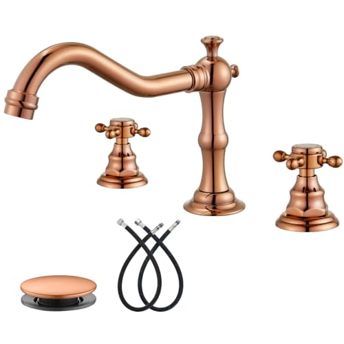 gotonovo 3 Hole 8’’ Widespread Bathroom Sink Faucet Rose Gold | Vintage Bathroom Faucet,2 Cross Handle,6-16’’ Sink,Vanity,Basin,RV,Farmhouse,SUS304,24’’ cUPC Hose Pop Up Drain,Deck Mount - color: Rose Gold