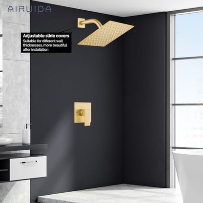 Airuida Shower Faucet Set,8 Inch Shower Valve Kit,Brushed Gold | Male Threads,Rough-in Valve Shower Trim Kit,Single Handle Control Shower Set - color: Brushed Gold, size: 8 Inch