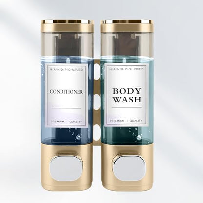 Shampoo and Conditioner Dispenser, 2 Chamber 300ml, Wall Mounted, Gold | Shower Soap Dispenser, Refillable Hand Soap Dispensers, Body Wash Dispenser for Bathroom, Kitchen, Hotel, Home - color: Gold, size: 2 Chamber