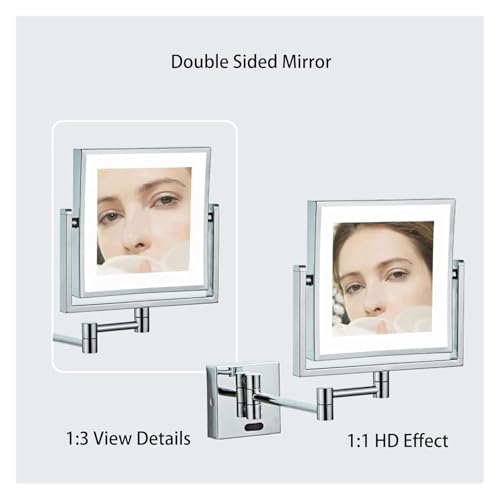 Wall Mounted Lighted Makeup Mirror Square Wall Mounted Double Sided 1X/3X Magnifying Mirror Rotation Extension Bathroom Mirror(Nickel,Hardwired) - color: Nickel