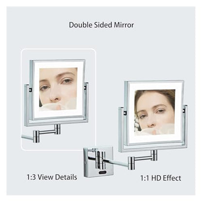 Wall Mounted Lighted Makeup Mirror Square Wall Mounted Double Sided 1X/3X Magnifying Mirror Rotation Extension Bathroom Mirror(Nickel,Hardwired) - color: Nickel