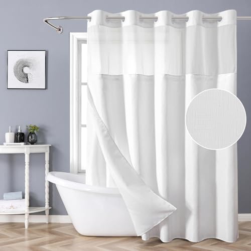 eachope White Long No Hook Shower Curtain with Snap-in Fabric Liner Set,Slub Textured Fabric Shower Curtains for Bathroom,Hotel Style Modern Shower Curtain,Water Repellent& Washable,71x80(78) | Extra Long Hotel Style Fabric with See-Through Top Window, Wa