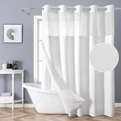 eachope No Hook Slub Textured Shower Curtain with Snap in Liner,White,71x86 | Extra Long Fabric Outer+Waterproof Inner Liner,Hotel Style with See-Through Top Window for Home,Apt,RV - color: White, size: 71"W x 86"L (Pack of 1)