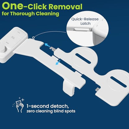 Ultra-Slim Bidet Attachment, Self-Cleaning Dual Nozzle (Feminine/Posterior Wash), Accessibility-Enhanced Large Buttons, Quick-Release, Non-Electric Fresh Water System with Adjustable Pressure