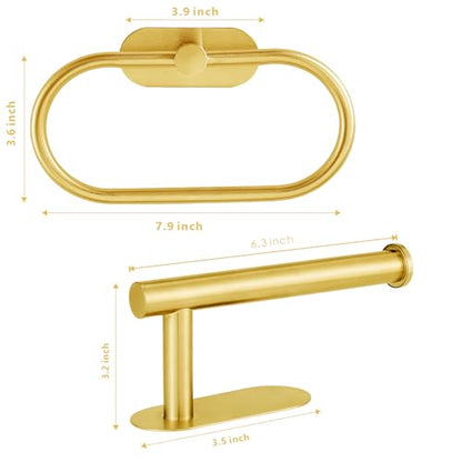 Toilet Paper Holder/Towel Ring Self Adhesive, Eolax No Drilling Gold Bathroom Hardware Accessories, Stainless Steel Sticky Toilet Roll Hanger and Hand Towel Holder, Wall Mounted, 2 Pieces - color: Gold
