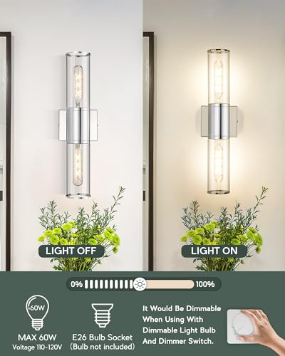 2-Light Chrome Bathroom Vanity Light Fixtures, Clear Glass Shade | Modern bathroom wall sconces, vertical/horizontal mounting, E26 base, hardwired, bulbs not included, VL834-CH-CL - color: Chrome-Clear Glass