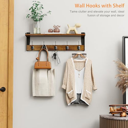 Coat Rack with Wall Mount, 23 Inch Long Entryway Wall Shelf with Hooks, Wood Hanger with Storage Shelf for Bathroom, Hallway, Rustic Brown - size: 23 inch Long