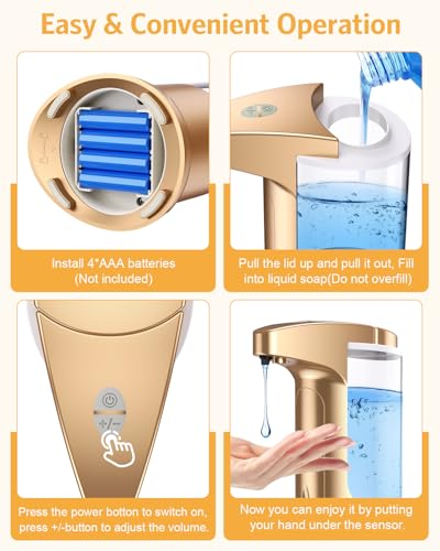 2 Pack Automatic Soap Dispenser for Bathroom Kitchen Home, Gold | 370ml Touchless Dish Soap Dispenser with Infrared Sensor, Battery Operated, 3 Dispensing Levels, Liquid Dispenser