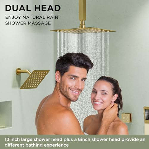 Shower Systems with 4 Body Spray Jets, STARBATH 4 Way 12+6" Rainfall Shower Head with Handheld Combo, Ceiling Mounted Shower Jets System in Wall Shower Faucet Sets Complete,Brushed Gold - color: Gold, size: 6"+12"-01