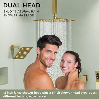Shower Systems with 4 Body Spray Jets, STARBATH 4 Way 12+6" Rainfall Shower Head with Handheld Combo, Ceiling Mounted Shower Jets System in Wall Shower Faucet Sets Complete,Brushed Gold - color: Gold, size: 6"+12"-01