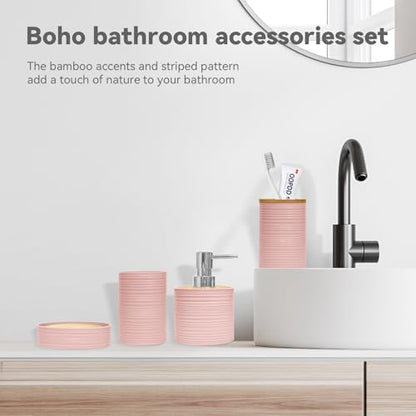 Seeatoo Bathroom Accessories Set 4PCS,Pink Bamboo Bathroom Sets Accessories | Bamboo Bathroom Accessory Set Includes Soap Dish, Soap Dispenser, Toothbrush Holder, Toothbrush Cup, Boho Bath Decor : Home & Kitchen