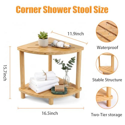 2-Tier Bamboo Corner Shower Stool,Shower Foot Rest for Bathroom Sauna | Non-Slip Adjustable Shower Feet Stool for Shaving Legs with Storage Shelf, Space Saving Shower Bench for Kitchen, Entryway